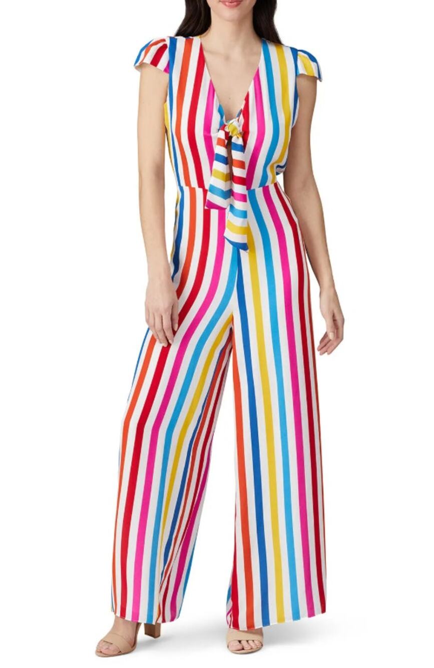 Color Me Courtney Sheree Jumpsuit Cap Sleeve White Multi Striped Womens Size 6